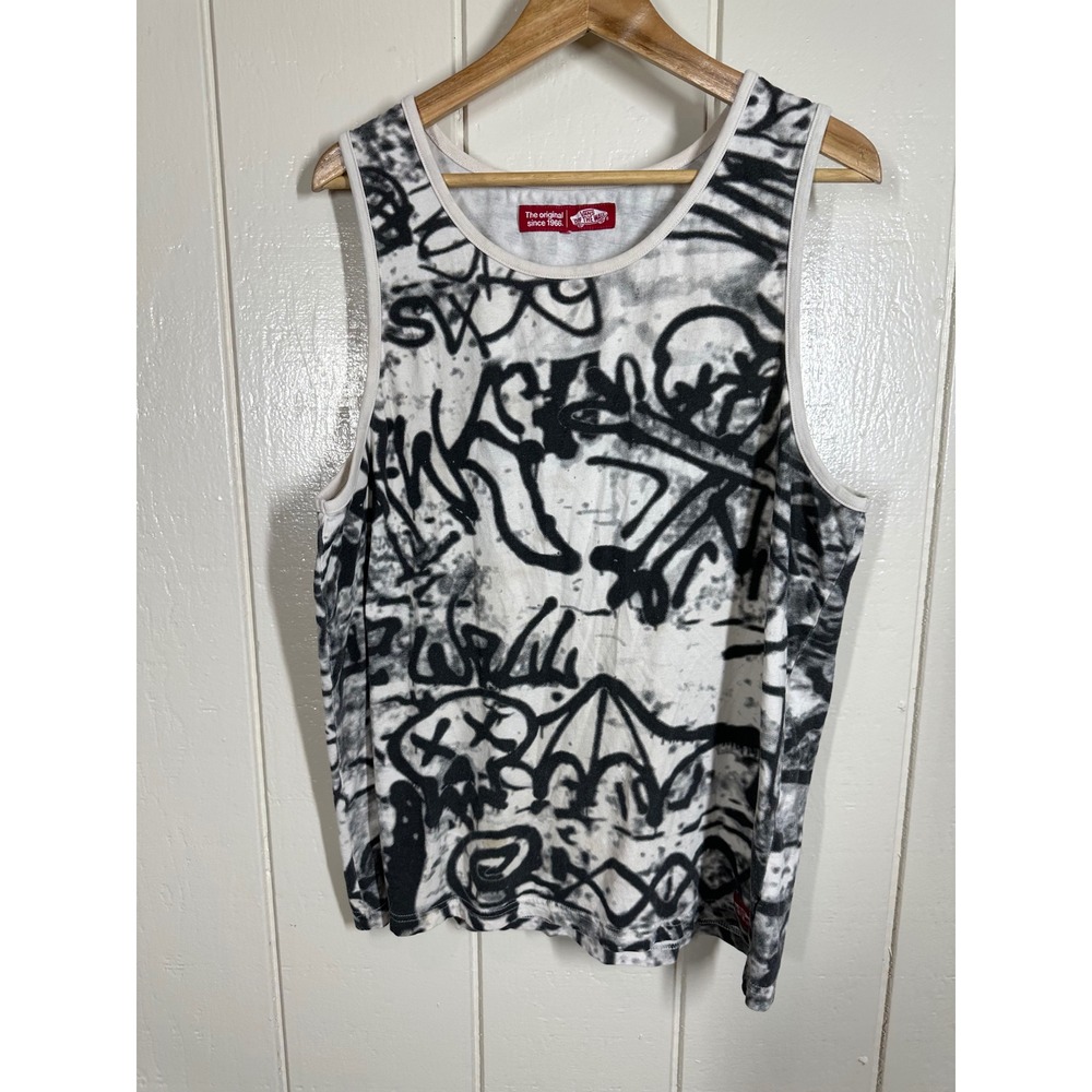 Vans Tank Top Mens XL White Black Graffiti Print Off The Wall Skate Streetwear